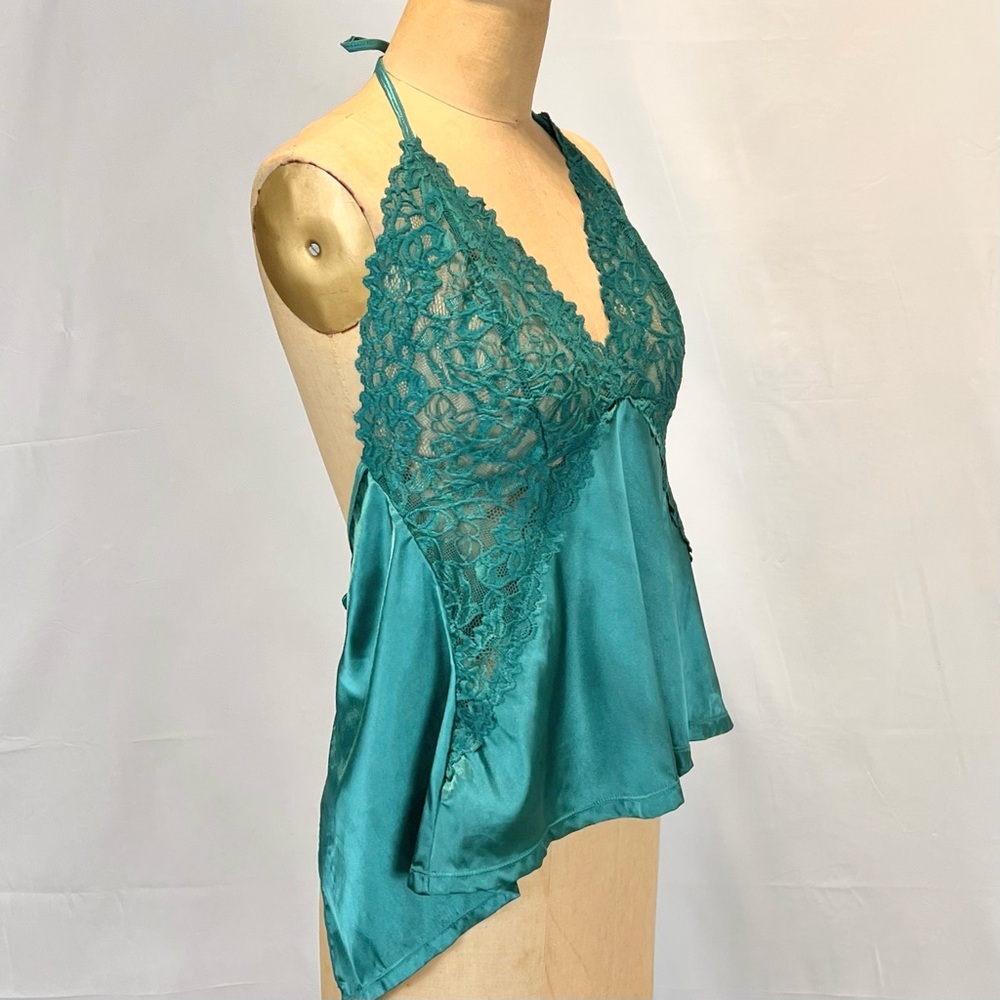 VINTAGE lace negligee nighty lingerie halter tank top teal camisole backless y2k - Picture 4 of 11